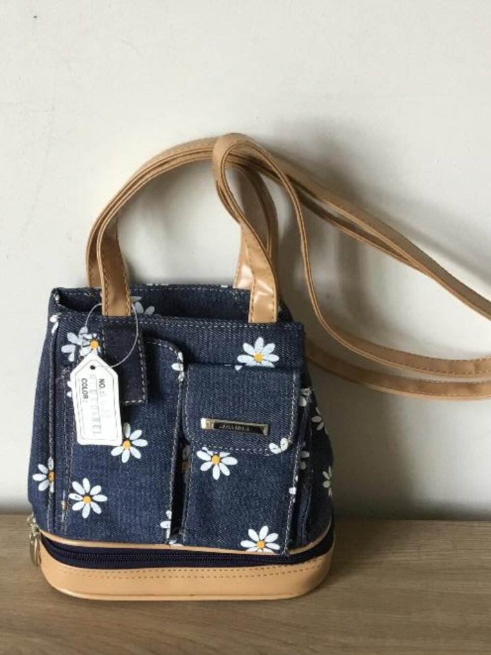 Moda Bella Denim & Camel Shoulder Bag with Daisy Accents